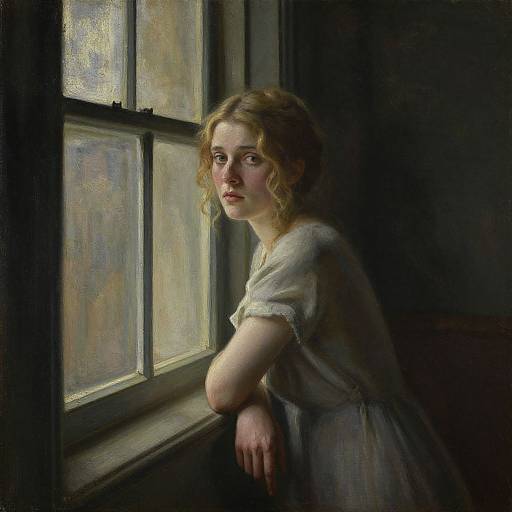 Photorealistic painting of a young, fair-skinned woman with curly blonde hair, wearing a white dress, gazing out a sunlit window,