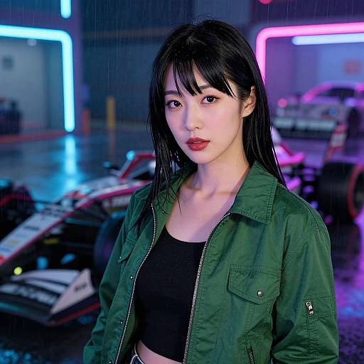 Digital art of an Asian woman with black hair in a green jacket and black top, standing in a neon-lit, rainy parking lot with musical instruments