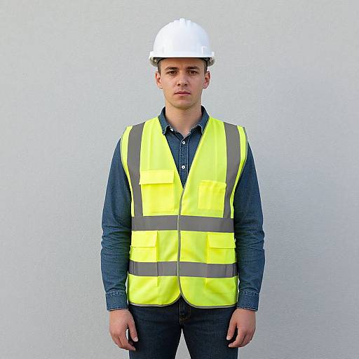 Young man in white hard hat, bright yellow safety vest, blue shirt, standing against plain white wall, serious expression. Photograph.