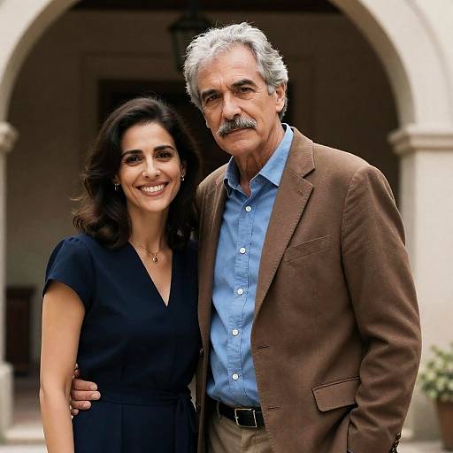 Photograph of an older Indian man with gray hair and mustache, wearing a brown blazer and blue shirt, standing beside a smiling woman with dark