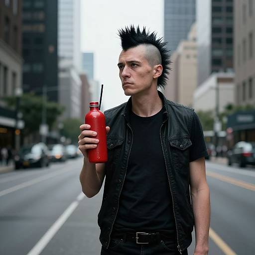 Photograph of a pale-skinned, spiky-haired man with a mohawk, wearing a black leather jacket and holding a red soda bottle, standing