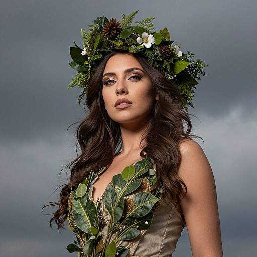 Photograph of a woman with long, wavy brown hair, wearing a green leaf and flower crown, and a leaf-adorned, sleeveless