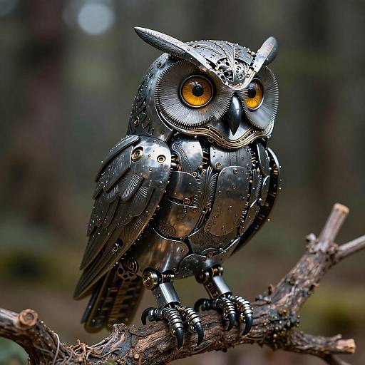 Artistic Mechanical Owl on Twisted Branch