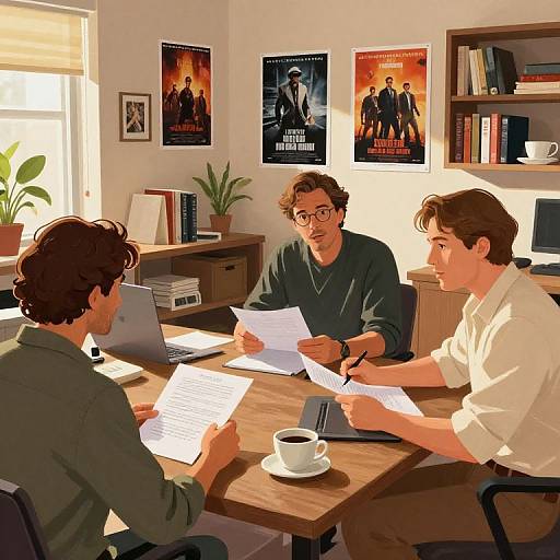 Three men in a sunlit office, discussing papers around a wooden table with a laptop, coffee, and bookshelves. Movie posters adorn the white
