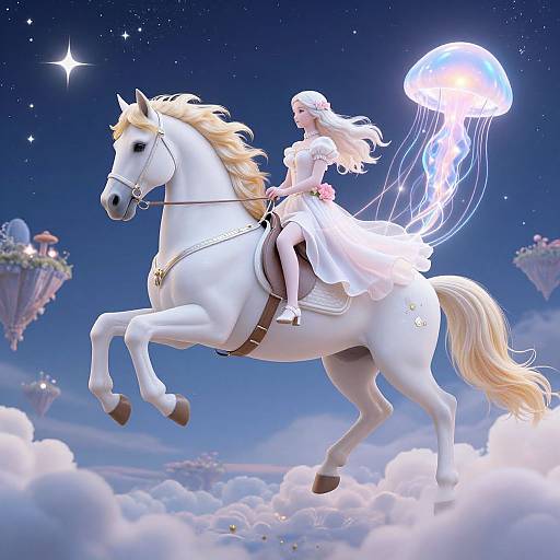 Digital art: A white-haired woman in a flowing white dress rides a white horse with a glowing jellyfish above, set against a starry night sky