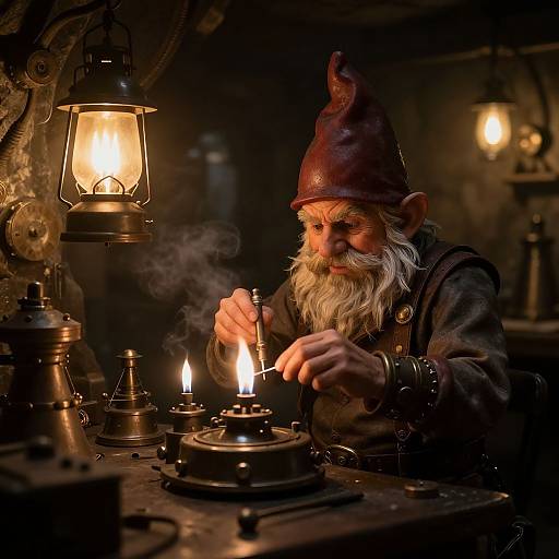 Photograph of a bearded, elderly gnome with a pointed hat, lighting candles in a dimly lit, rustic workshop, surrounded by lanterns and