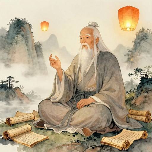 Digital illustration of an elderly Asian man with a long white beard, wearing a grey robe, releasing a red lantern, surrounded by ancient scrolls and misty
