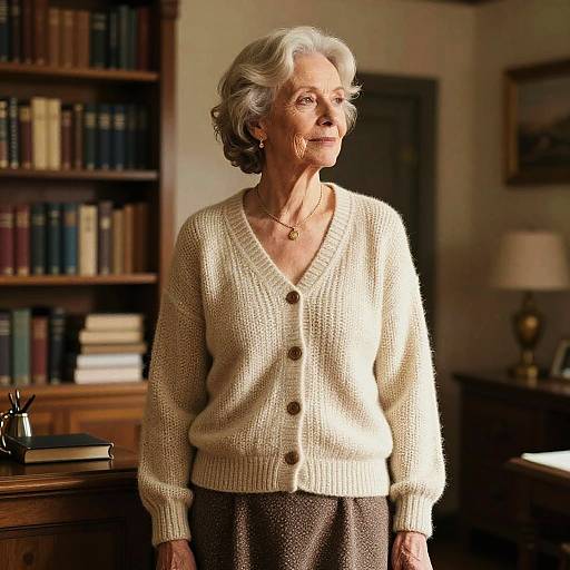 Elderly woman with short white hair, wearing a cream knitted cardigan and brown skirt, stands in a warmly lit library.