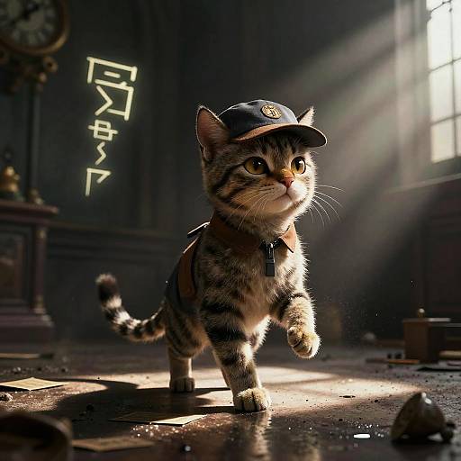 CGI image of a cute, striped tabby kitten wearing a blue cap, walking through a sunlit, cluttered room with Japanese text on the