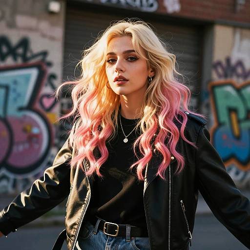 Photograph of a blonde woman with pink-tinted wavy hair, wearing a black leather jacket and black shirt, standing in front of graffiti-covered