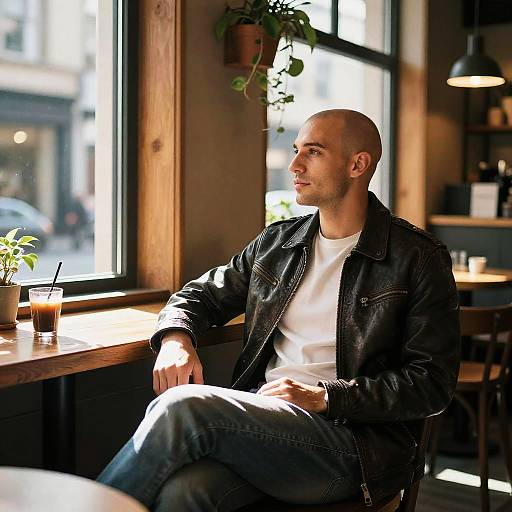 Photograph of a bald, bearded man with light skin, wearing a black leather jacket and white t-shirt, sitting by a sunlit window in