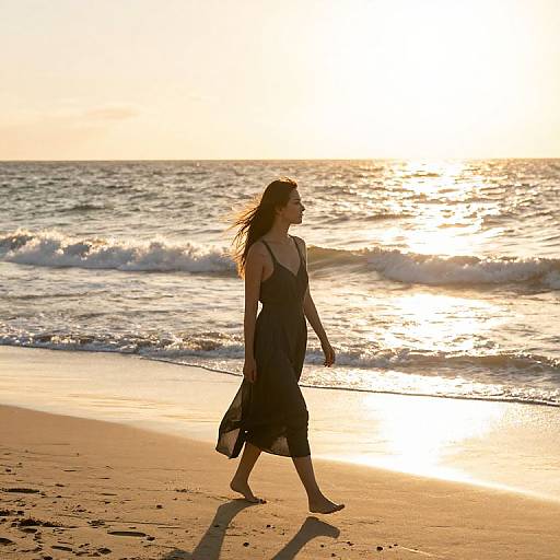 Photograph of a woman with long brown hair in a black sundress walking on a sunlit beach at sunset, waves gently crashing in the background.