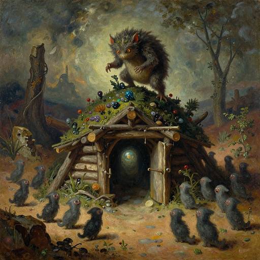 Fantasy painting: A fierce, furry, wolf-like creature with glowing eyes stands atop a wooden, flower-decked hut, surrounded by small,