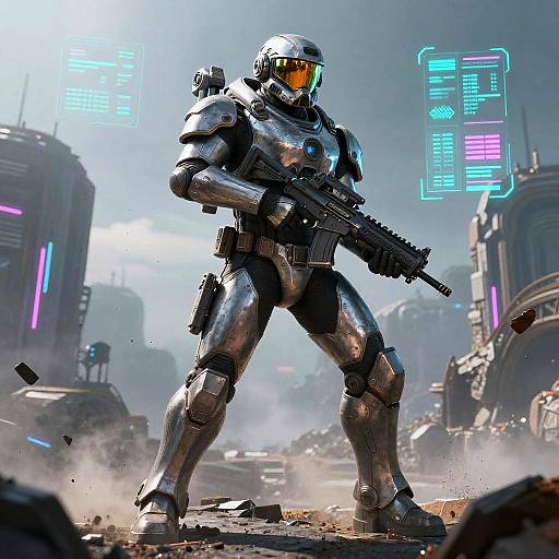 CGI sci-fi image of a futuristic armored soldier with orange visor, holding a rifle, standing in a neon-lit, war-torn city