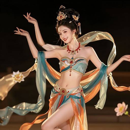 Photograph of an elegant Asian dancer in a colorful, intricate, strapless top and flowing, multicolored sarong, with ornate jewelry,