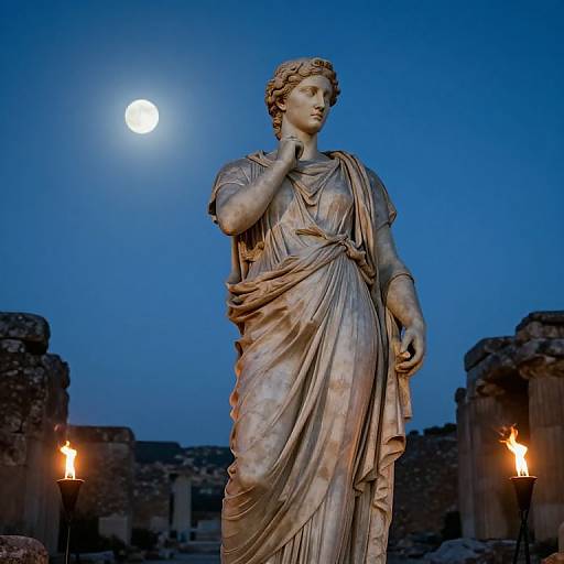 Photograph of a classical marble statue of a serene woman under a moonlit blue sky, flanked by torches on ancient ruins.