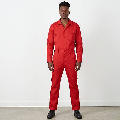 Photograph of an African-American man with short curly hair, wearing a bright red, long-sleeve jumpsuit and black shoes, standing against a