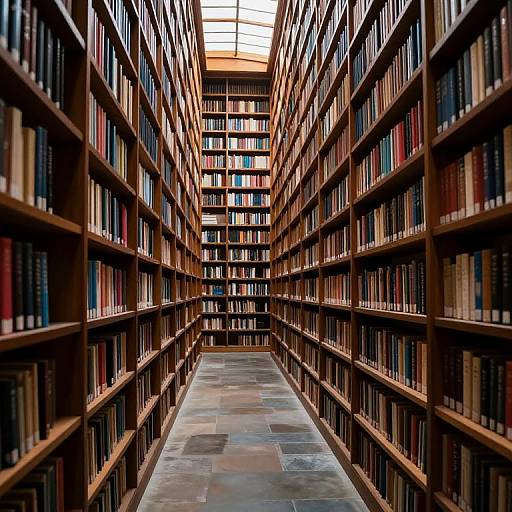 Photograph of a narrow, wooden bookshelf-lined library aisle with a stone floor, sunlight filtering through a skylight at the end.
