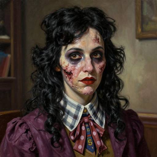 Digital painting of a pale woman with curly black hair, heavy makeup, blood on her face, wearing a plaid shirt and maroon jacket. Dram