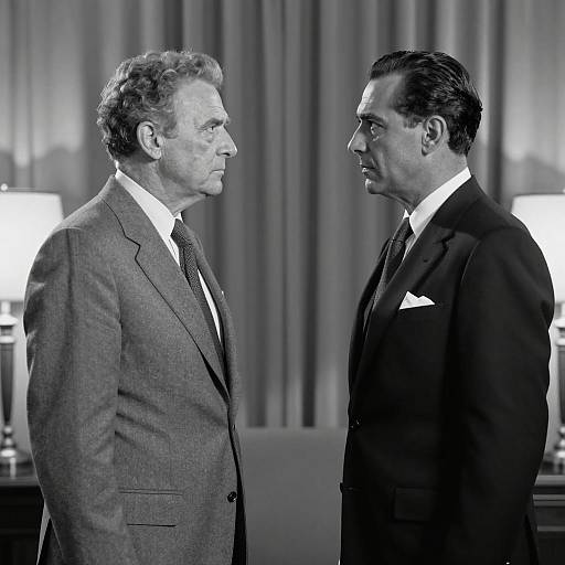 Black and White Portrait of Two Men Facing Each Other