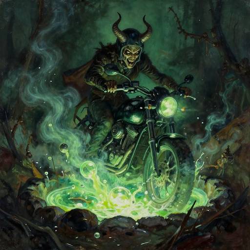 Dark, demonic figure with horns riding a glowing green motorcycle through a smoky, swampy forest; eerie, supernatural atmosphere. Digital artwork.