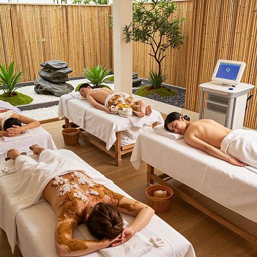Photograph of four women with diverse skin tones, lying face-down on massage tables in a bamboo-walled spa room, covered in white towels, with