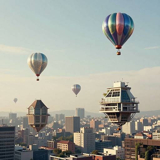Photograph of three colorful hot air balloons floating over a bustling cityscape with modern and traditional buildings, under a clear blue sky.