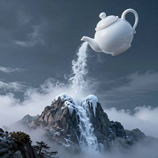 Digital artwork of a white teapot pouring water onto a snow-covered mountain with an icicle waterfall, set against a dark, cloud-filled sky.