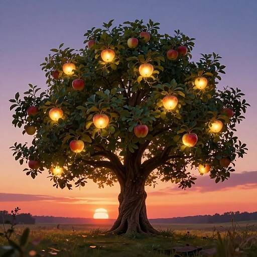 Photograph of a magical apple tree with glowing oranges at sunset, silhouetted against a vibrant purple, pink, and orange sky.