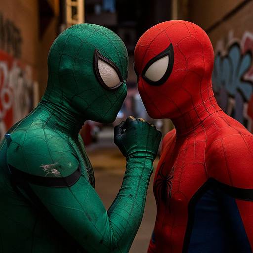 CGI image of Spider-Man in green and red costumes facing each other in an alley, green Spider-Man's fist raised near red Spider-Man's face