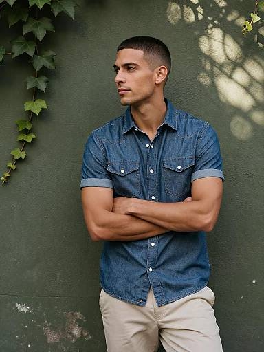 Young Man in Denim Shirt Leaning on Wall