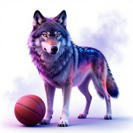 Digital artwork of a realistic, vividly colored wolf with glowing yellow eyes standing beside a basketball on a white background.