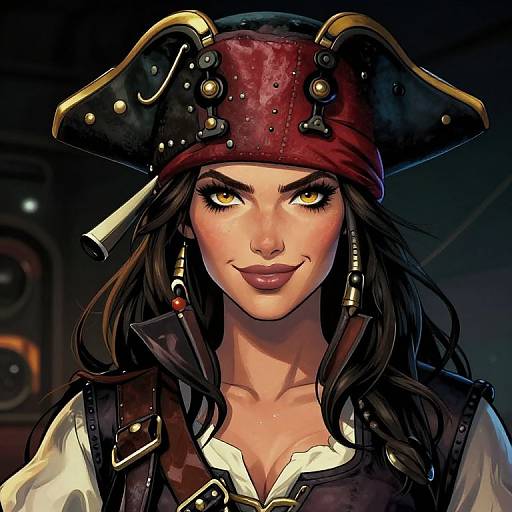 Digital illustration of a confident, yellow-eyed pirate woman with long black hair, wearing a red tricorn hat and brown leather vest.