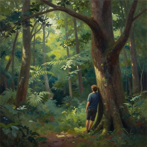 Digital painting of a man in a grey shirt and shorts standing beside a large tree in a lush, sunlit forest.
