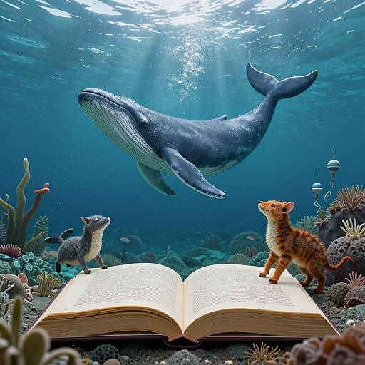 Photograph of underwater scene: a large blue whale, a small gray seal, and an orange-spotted sea lion look at an open book on a