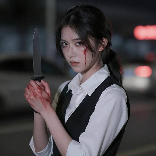 East Asian Woman Holding Knife with Blood on Face and Hands