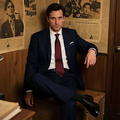 Photograph of a handsome man in a black suit and maroon tie, sitting on a wooden bench, against vintage movie posters on wooden walls.