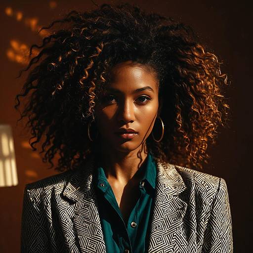 Portrait of Woman with Curly Hair in Structured Jacket