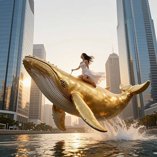 Photorealistic CGI: Woman in white dress riding a golden, glowing whale through a sunlit urban waterway between tall skyscrapers.