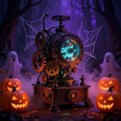 Steampunk clockwork machine with glowing blue eye, spiderweb, and gears, surrounded by glowing jack-o'-lanterns and ghost figures in