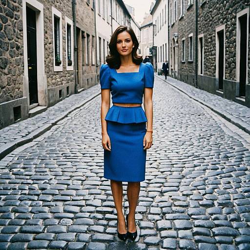 Photograph of a brunette woman in a blue, short-sleeved, midriff-baring, knee-length skirt and heels, standing on a