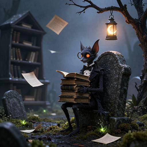 Whimsical Bat Librarian in Moonlit Graveyard