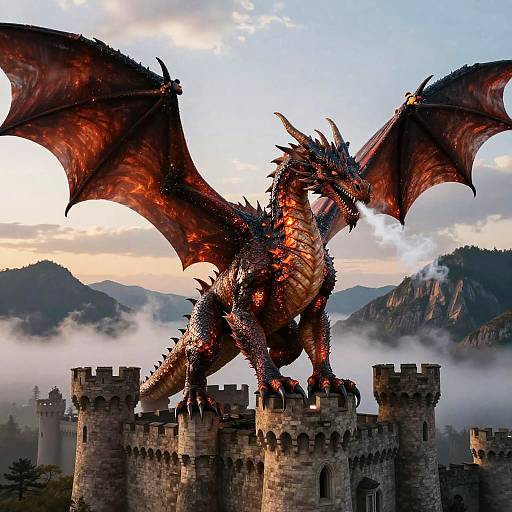Photograph-style digital art: A fierce, red-scaled dragon with glowing orange underbelly and large wings perched on a medieval stone castle,