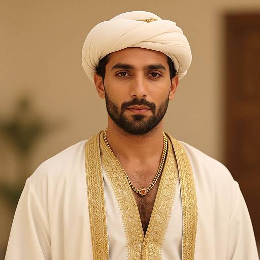 Photograph of a bearded Middle Eastern man with medium brown skin, wearing a white turban, gold-embroidered white robe, and gold