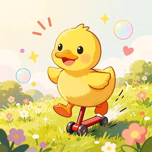 Joyful Duckling on Red Pogo Stick