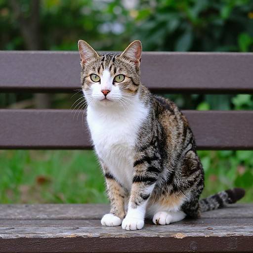 Photograph of a tabby and white cat with green eyes sitting on a wooden bench, looking directly at the camera in a lush green garden background.