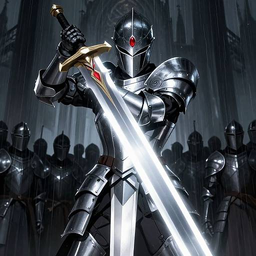 Digital art of a shining, armored knight with a red gem on the helmet, wielding a glowing sword in a rainy, Gothic cathedral, surrounded by shadow