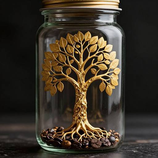 Photograph of a golden tree with detailed leaves, rooted in coffee beans, inside a clear glass jar with a gold lid. Dark background.