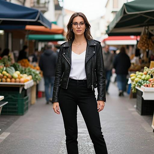 Photograph of a confident woman with long brown hair, wearing glasses, black leather jacket, white shirt, and black pants, standing in a bustling outdoor
