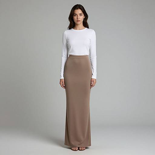 Photograph of a young woman with long dark hair, wearing a white long-sleeve top and a high-waisted, floor-length taupe